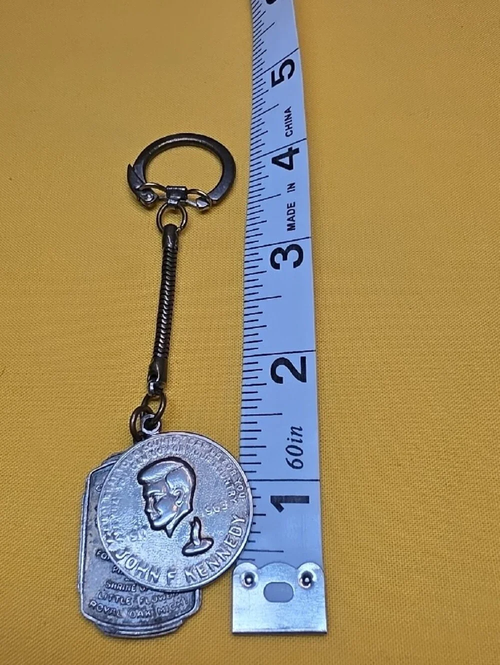 Vintage JFK Memorial & St Therese Shrine Medal Snake Chain Keychain 1960s